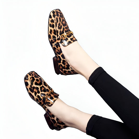 BrandLux Mocassins Femme Léopard Vernis Talon Carré