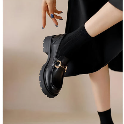 Mocassins Femme Noirs Talon Carré Boucle Élégants Luxe