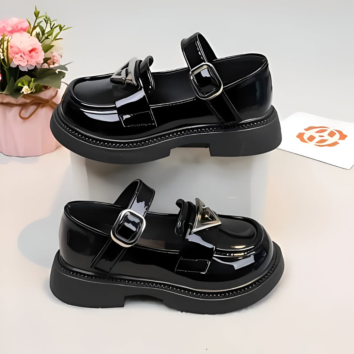 Mocassins Fille Brillant Bride Noir/Blanc - Confort