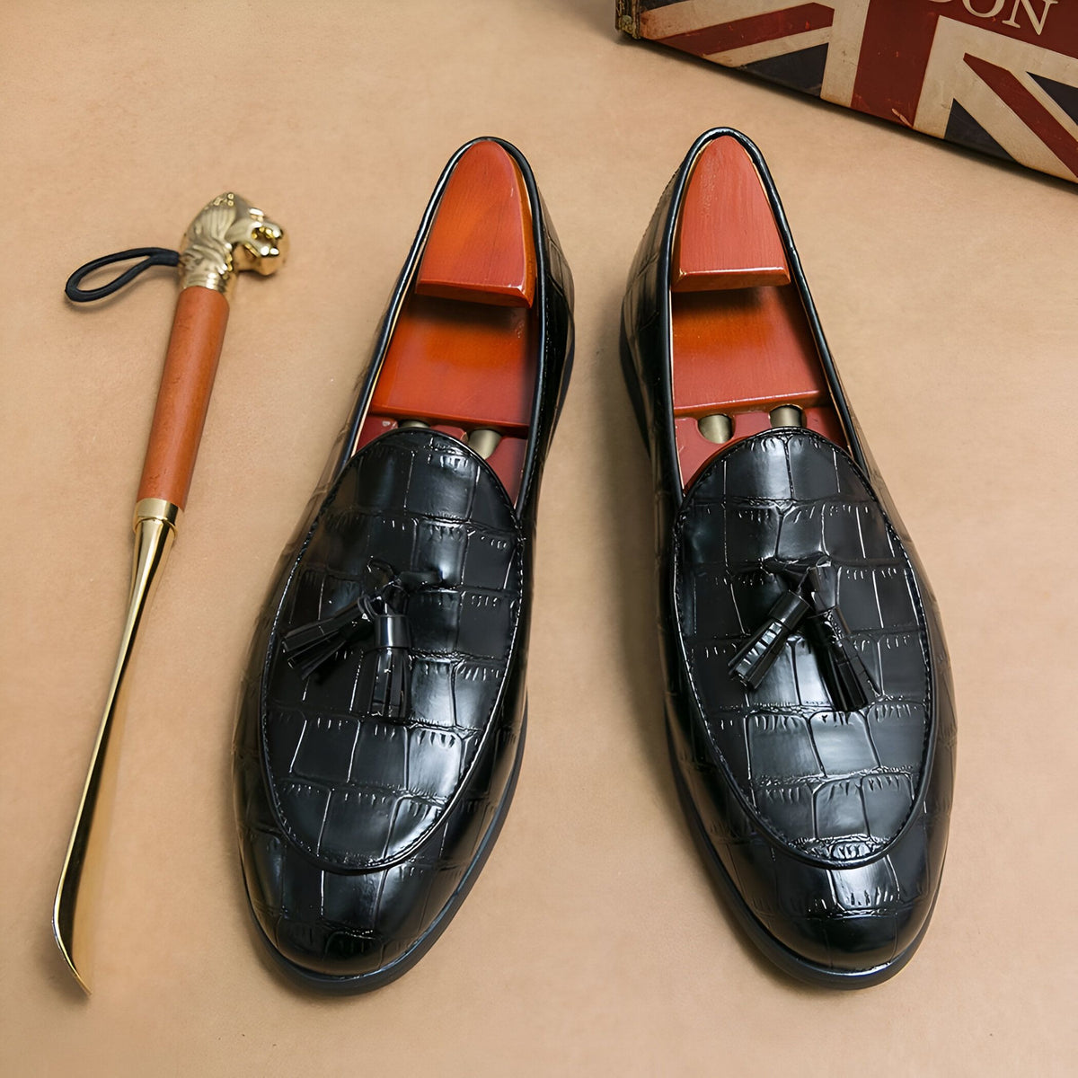 Luxe Mocassins Cuir Vachette Effet Croco Glands