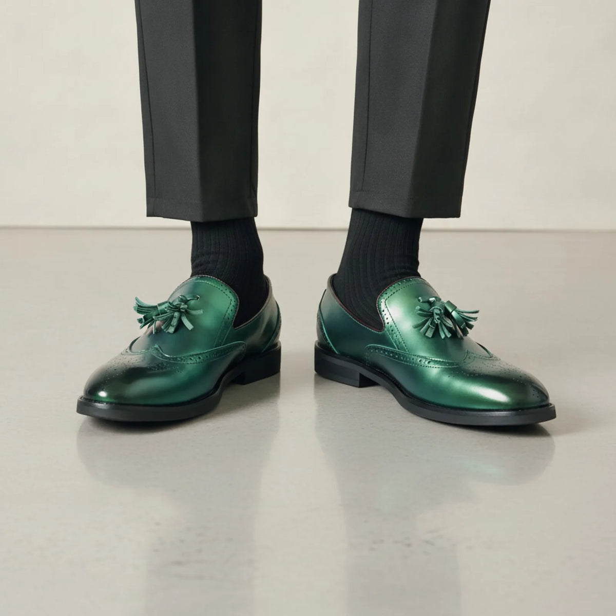 Mocassins Homme Vert Métallisé - Glands Élégants