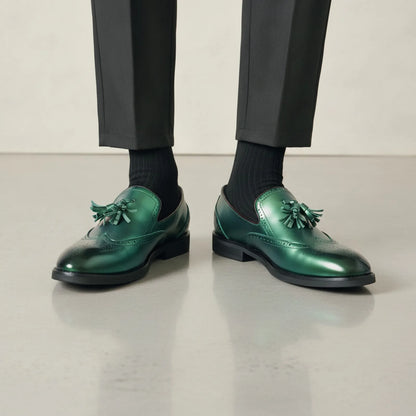 Mocassins Homme Vert Métallisé - Glands Élégants