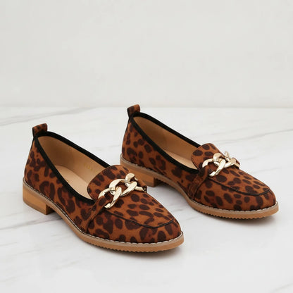 Mocassins Léopard Femme Chaînes Dorées Petit Talon Luxe