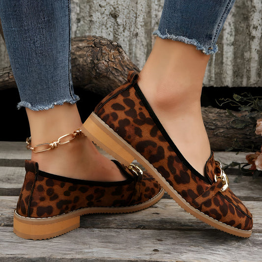 Mocassins Léopard Femme Chaînes Dorées Petit Talon Luxe