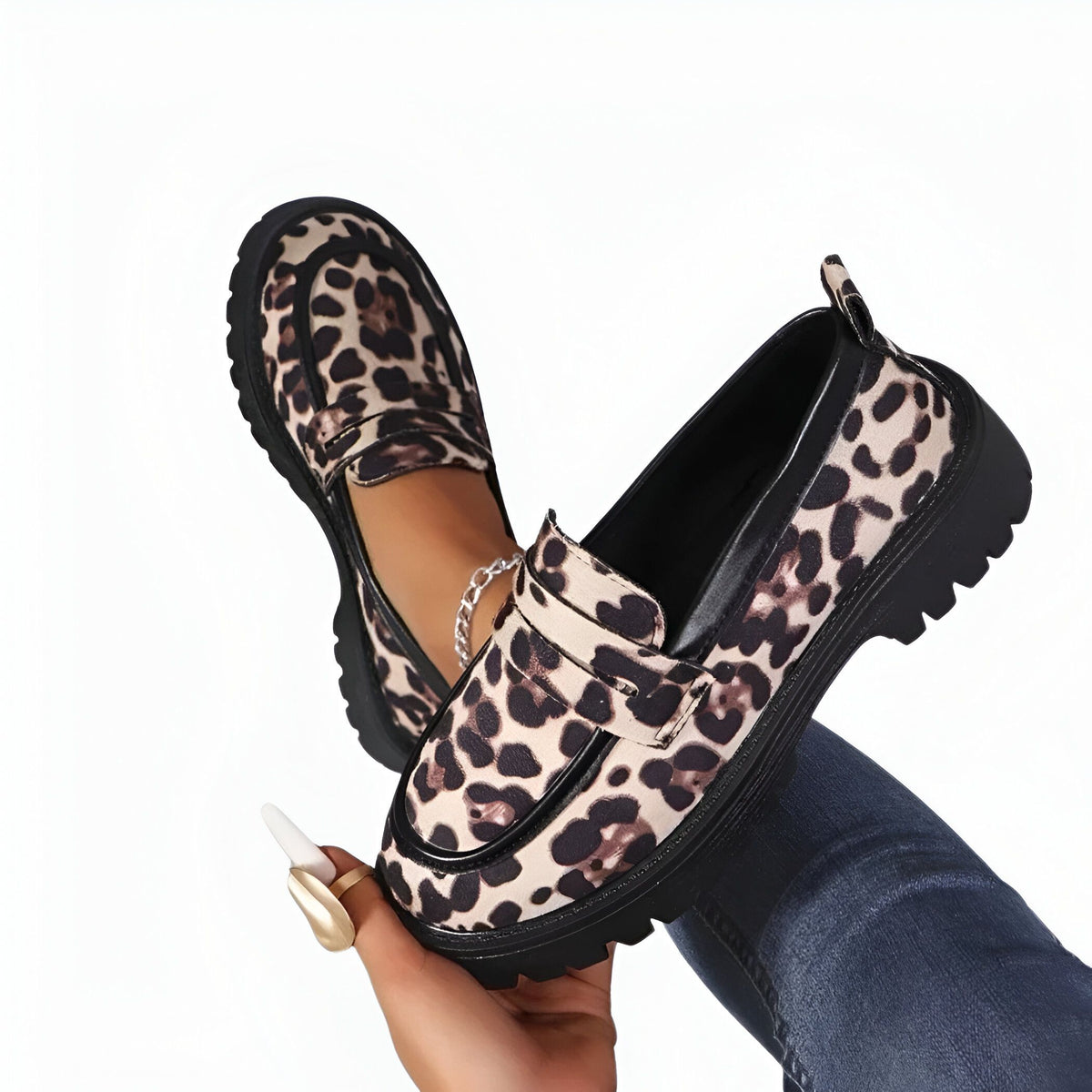 Chic Mocassins Léopard Semelles Épaisses Femme Confort
