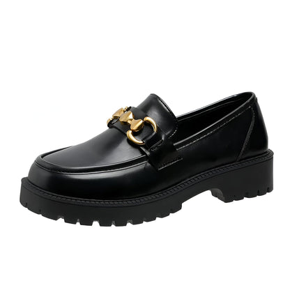 Luxe Mocassins Noirs Femme Chaîne Dorée Semelle Épaisse