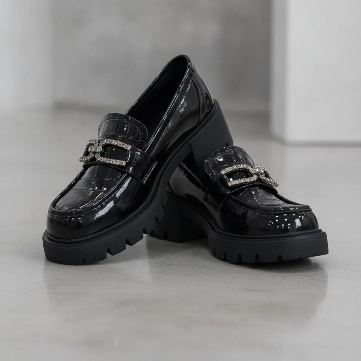 Mocassins Plateforme Vernis Croco - Chaîne Strass Noir