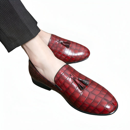 Signature Mocassins Cuir Vernis Rouge Grain Crocodile