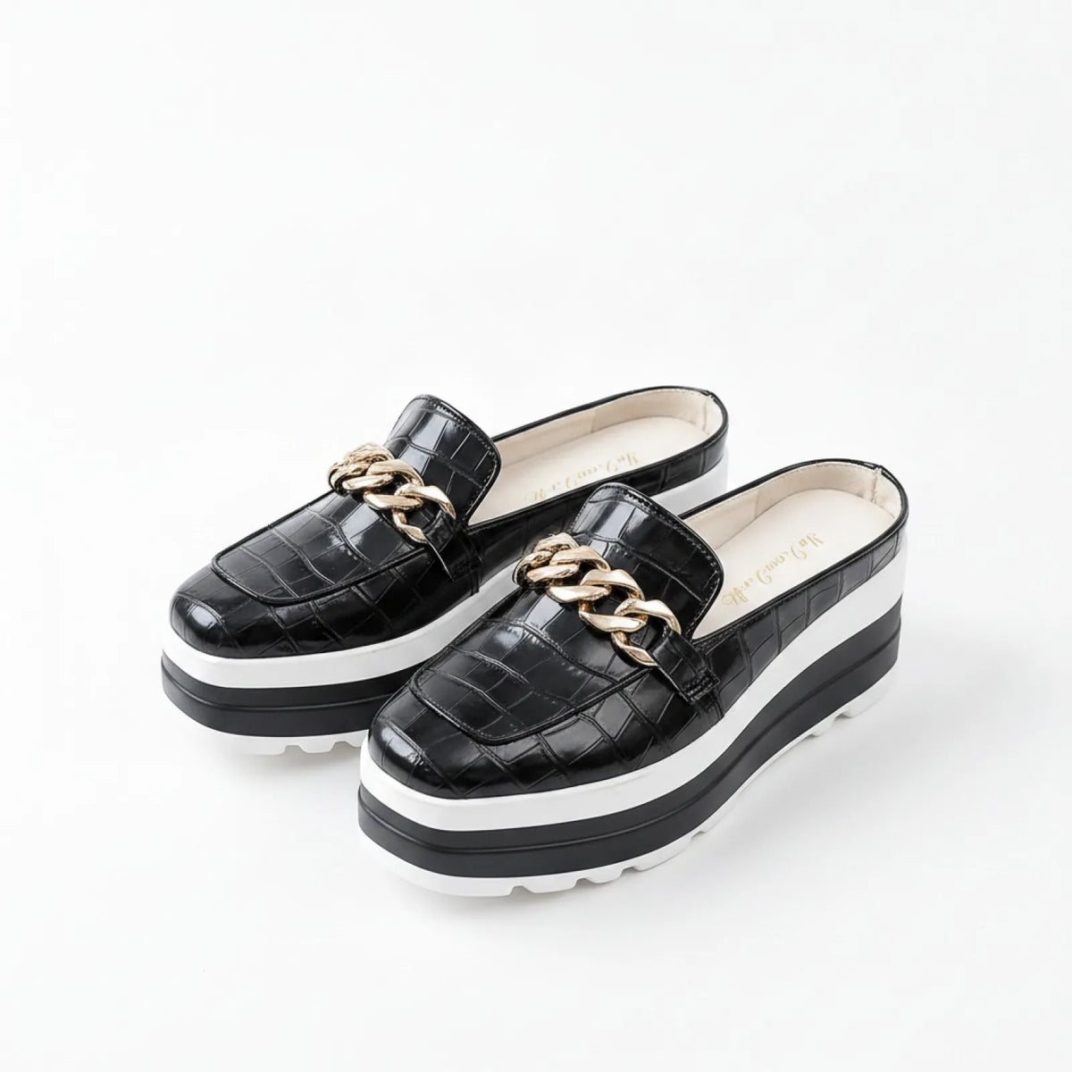 Mules compensées vegan Luxe - Croco & Chaîne dorée