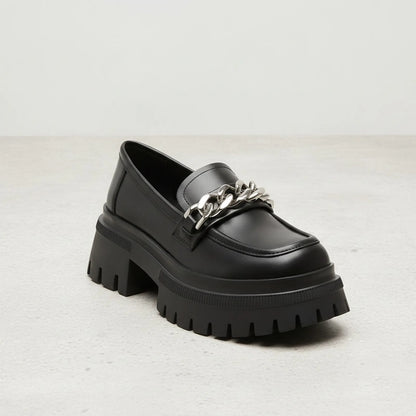 Nova Mocassins Plateforme Femme Noir Chaîne Argentée